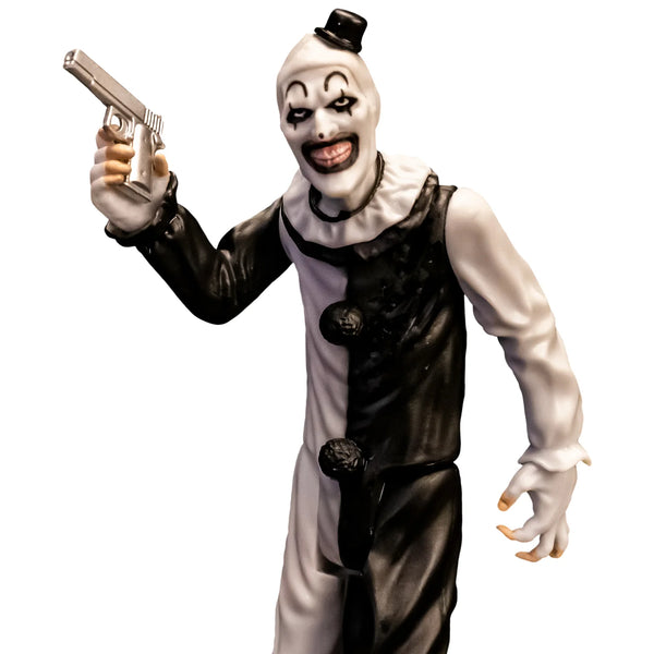 Terrifier Art the Clown 5" Collector's Action Figure Collectible holding a gun close up view