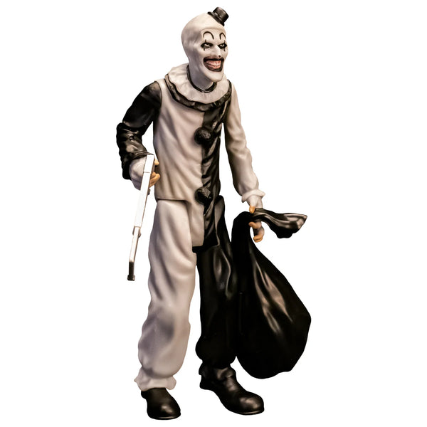Terrifier Art the Clown 5" Collector's Action Figure Collectible holding a hacksaw and a black trash bag of terror right left side view