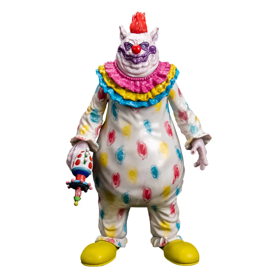 Killer Klowns from Outer Space Fatso 8" Collector's Action Figure Collectible Toy in white polka dotted suit holding cotton candy gun front view