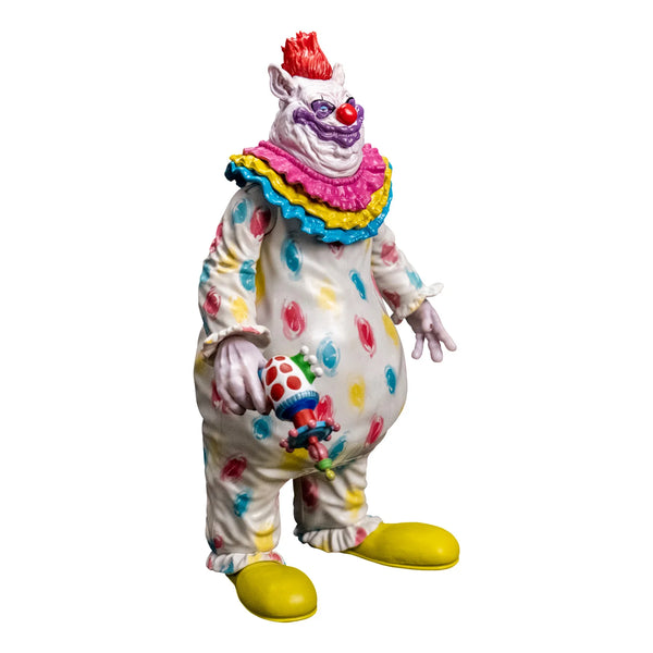 Killer Klowns from Outer Space Fatso 8" Collector's Action Figure Collectible Toy in white polka dotted suit holding cotton candy gun side profile