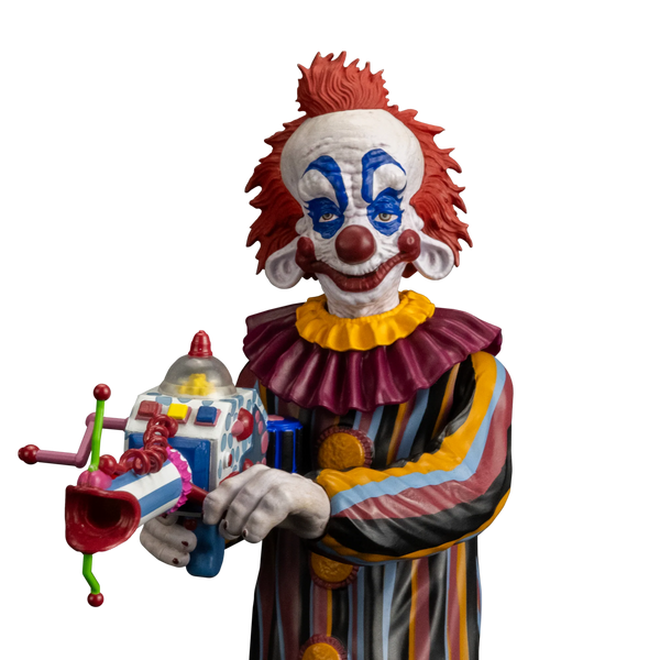 Killer Klowns Rudy 8-inch action figure collectible close-up view of detailed face sculpt and costume close up, in in striped clown suit with popcorn gun