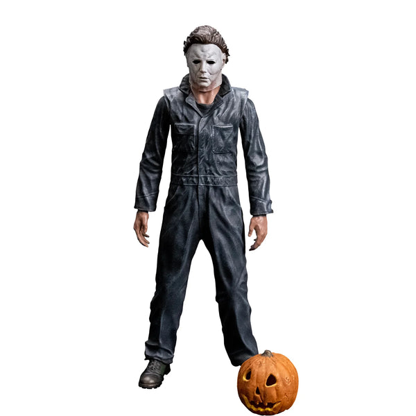 Halloween 1978 Michael Myers 8" Collector's Action Figure Collectible Toy in gray coveralls and white mask with jack-o-lantern accessory, front view