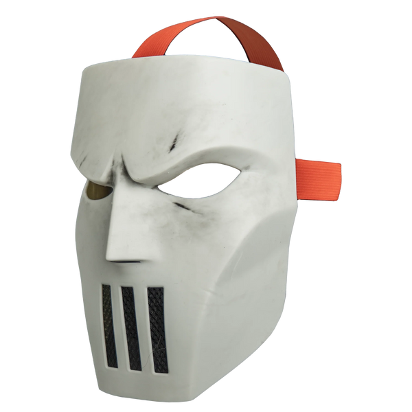 Teenage Mutant Ninja Turtles Casey Jones Injection Costume Mask
Features a rigid plastic construction with a classic hockey‑mask design, a slightly worn off‑white finish, and three rectangular ventilation slits cut vertically blow the nose, sharp angular contours, and an elastic strap, left profile