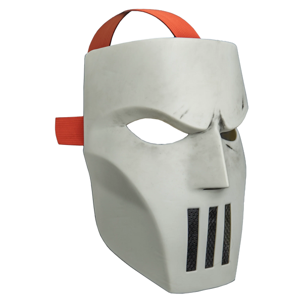 Teenage Mutant Ninja Turtles Casey Jones Injection Costume Mask
Features a rigid plastic construction with a classic hockey‑mask design, a slightly worn off‑white finish, and three rectangular ventilation slits cut vertically blow the nose, sharp angular contours, and an elastic strap, right profile