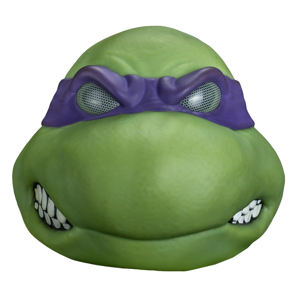 Teenage Mutant Ninja Turtles Donatello Vinyl Costume Mask features a vinyl sculpt in rich turtle‑green with smooth, rounded facial contours, defined cheek and brow structure, frustrated expression; finished with Donatello’s signature deep purple bandana, front view