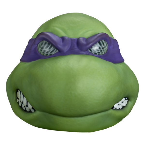 Teenage Mutant Ninja Turtles Donatello Vinyl Costume Mask features a vinyl sculpt in rich turtle‑green with smooth, rounded facial contours, defined cheek and brow structure, frustrated expression; finished with Donatello’s signature deep purple bandana, front view