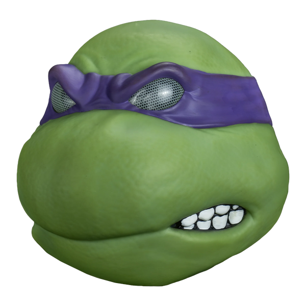 Teenage Mutant Ninja Turtles Donatello Vinyl Costume Mask features a vinyl sculpt in rich turtle‑green with smooth, rounded facial contours, defined cheek and brow structure, frustrated expression; finished with Donatello’s signature deep purple bandana, left profile