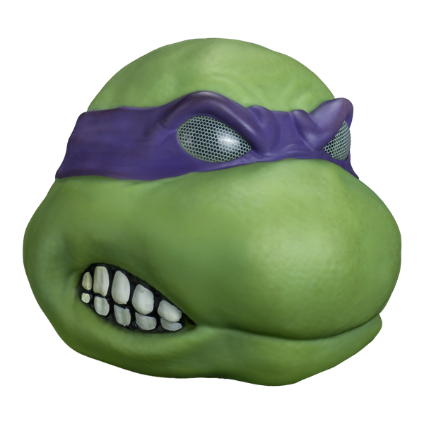 Teenage Mutant Ninja Turtles Donatello Vinyl Costume Mask features a vinyl sculpt in rich turtle‑green with smooth, rounded facial contours, defined cheek and brow structure, frustrated expression; finished with Donatello’s signature deep purple bandana, right profile