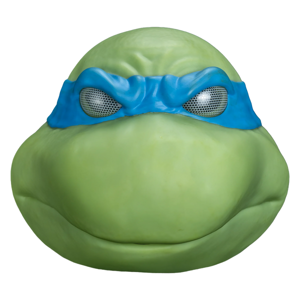 Teenage Mutant Ninja Turtles Leonardo Vinyl Costume Mask features a vinyl sculpt in rich turtle‑green with smooth rounded contours, large expressive white eyes, a calm, intelligent facial expression, and defined cheek and brow details; finished with Donatello’s signature deep purple bandana, front view
