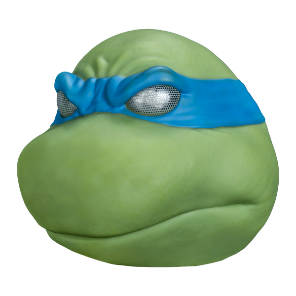Teenage Mutant Ninja Turtles Leonardo Vinyl Costume Mask features a vinyl sculpt in rich turtle‑green with smooth rounded contours, large expressive white eyes, a calm, intelligent facial expression, and defined cheek and brow details; finished with Donatello’s signature deep purple bandana, left view