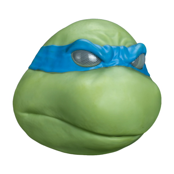 Teenage Mutant Ninja Turtles Leonardo Vinyl Costume Mask features a vinyl sculpt in rich turtle‑green with smooth rounded contours, large expressive white eyes, a calm, intelligent facial expression, and defined cheek and brow details; finished with Donatello’s signature deep purple bandana, right profile