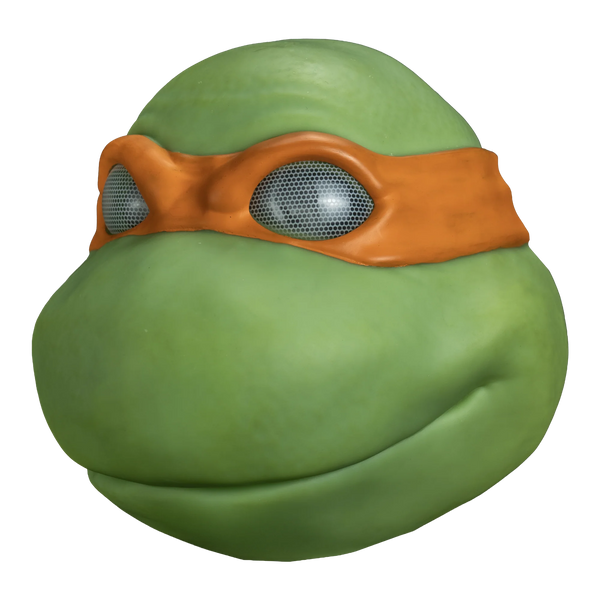 Teenage Mutant Ninja Turtles Michelangelo Vinyl Costume Mask
features a radical vinyl sculpt in vibrant turtle‑green with smooth rounded contours, a wide friendly grin, and sculpted facial definition that captures Mikey’s laid‑back personality; finished with his signature bright orange bandana, left profile