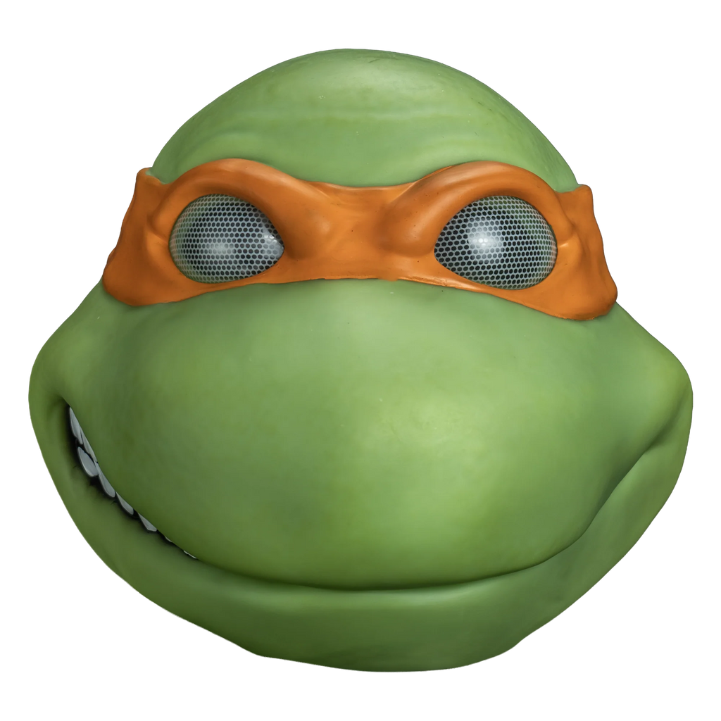 Teenage Mutant Ninja Turtles Michelangelo Vinyl Costume Mask
features a radical vinyl sculpt in vibrant turtle‑green with smooth rounded contours, a wide friendly grin, and sculpted facial definition that captures Mikey’s laid‑back personality; finished with his signature bright orange bandana, front view
