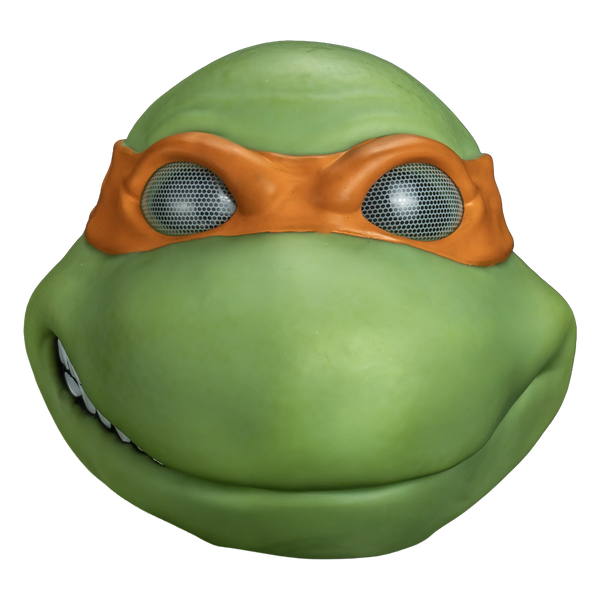 Teenage Mutant Ninja Turtles Michelangelo Vinyl Costume Mask
features a radical vinyl sculpt in vibrant turtle‑green with smooth rounded contours, a wide friendly grin, and sculpted facial definition that captures Mikey’s laid‑back personality; finished with his signature bright orange bandana, front view