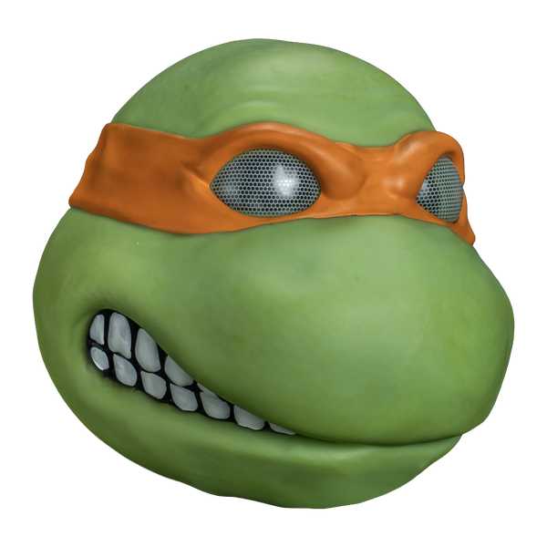 Teenage Mutant Ninja Turtles Michelangelo Vinyl Costume Mask
features a radical vinyl sculpt in vibrant turtle‑green with smooth rounded contours, a wide friendly grin, and sculpted facial definition that captures Mikey’s laid‑back personality; finished with his signature bright orange bandana, right profile