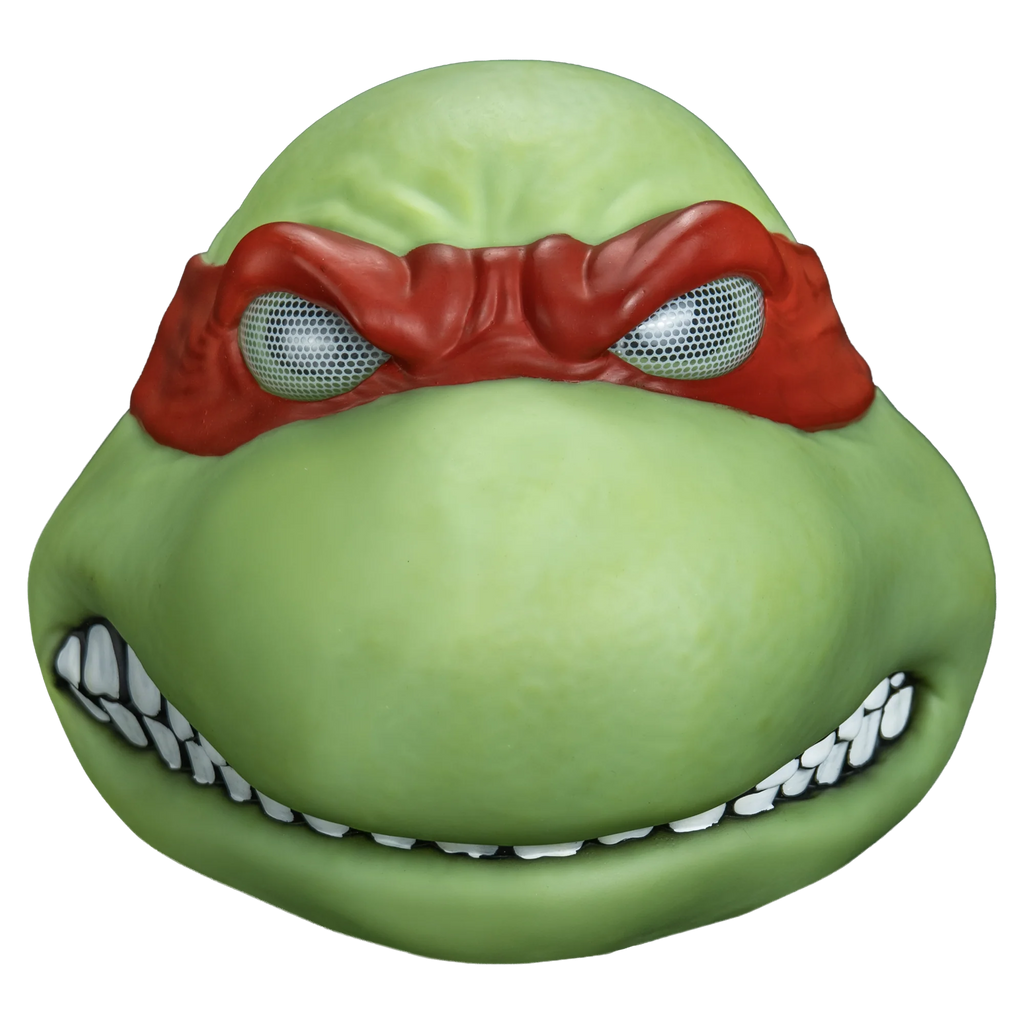 Teenage Mutant Ninja Turtles Raphael Vinyl Costume Mask features vinyl sculpt in deep turtle‑green with bold facial definition, expressive eyebrows for a tougher, more aggressive expression, and sharply contoured cheeks and brow; finished with Raphael’s iconic bright red bandana, front view