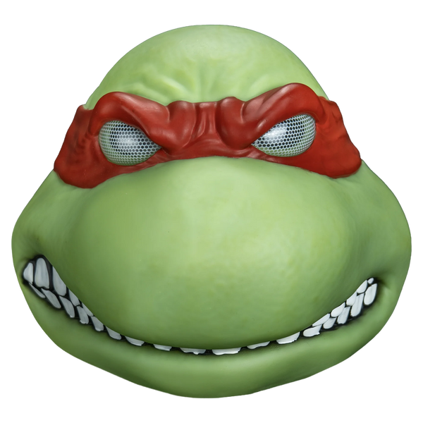 Teenage Mutant Ninja Turtles Raphael Vinyl Costume Mask features vinyl sculpt in deep turtle‑green with bold facial definition, expressive eyebrows for a tougher, more aggressive expression, and sharply contoured cheeks and brow; finished with Raphael’s iconic bright red bandana, front view