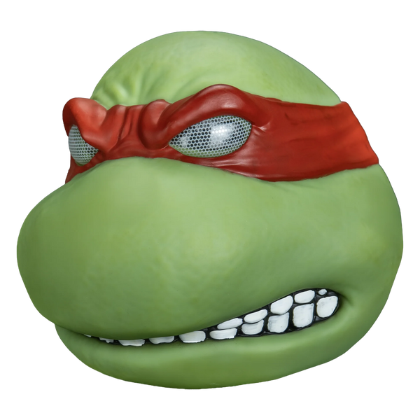 Teenage Mutant Ninja Turtles Raphael Vinyl Costume Mask features vinyl sculpt in deep turtle‑green with bold facial definition, expressive eyebrows for a  tougher, more aggressive expression, and sharply contoured cheeks and brow; finished with Raphael’s iconic bright red bandana, left view