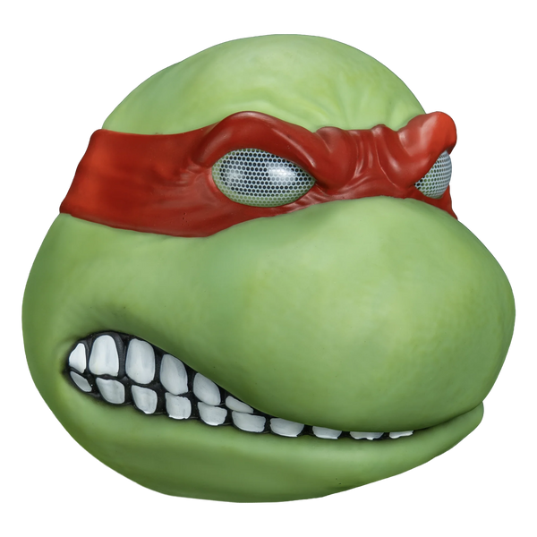 Teenage Mutant Ninja Turtles Raphael Vinyl Costume Mask features vinyl sculpt in deep turtle‑green with bold facial definition, expressive eyebrows for a  tougher, more aggressive expression, and sharply contoured cheeks and brow; finished with Raphael’s iconic bright red bandana, right profile