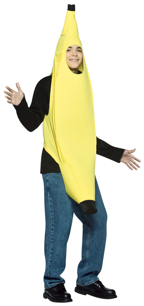 Teenager in the Teens Banana Costume Featuring a bright yellow banana-shaped tunic with a smooth fabric finish and a curved silhouette that tapers at the top and bottom with dark brown tip accents. The costume includes a front oval face opening and wide arm openings