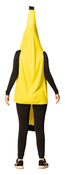 Back view of Teenager in the Teens Banana Costume Featuring a bright yellow banana-shaped tunic with a smooth fabric finish and a curved silhouette that tapers at the top and bottom with dark brown tip accents. The costume includes a front oval face opening and wide arm openings