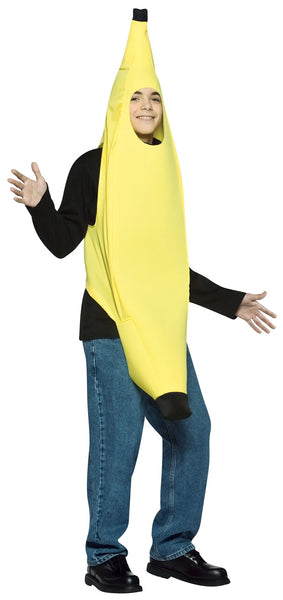 Teenager in the Teens Banana Costume Featuring a bright yellow banana-shaped tunic with a smooth fabric finish and a curved silhouette that tapers at the top and bottom with dark brown tip accents. The costume includes a front oval face opening and wide arm openings