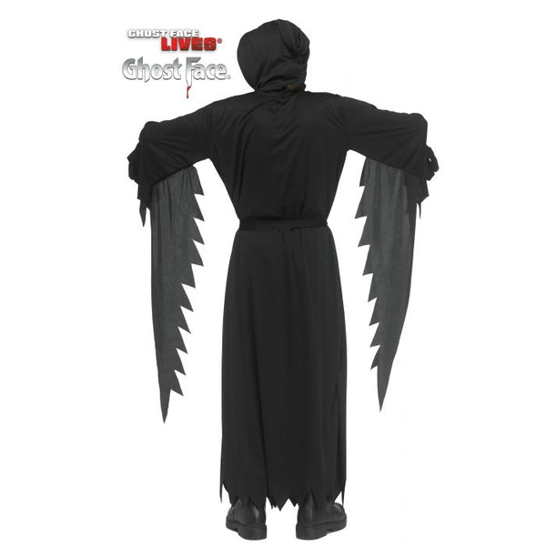 Back of Teens Scream Aged Ghost Face Costume featuring  a long black hooded robe designed with a loose, flowing silhouette, wide draped sleeves, and jagged torn-style edges at the cuffs and hem, finished with a tie belt at the waist for a classic slasher look; includes matching black gloves and an aged Ghost Face mask with a cracked, distressed bone-tone finish, hollow black eye openings, and elongated scream mouth for a worn, decayed version of the iconic face