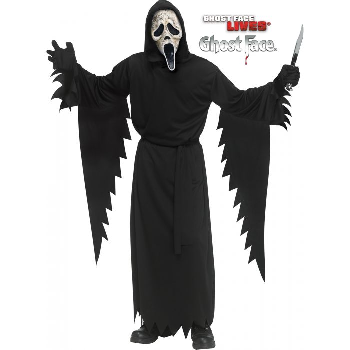 Teens Scream Aged Ghost Face Costume featuring  a long black hooded robe designed with a loose, flowing silhouette, wide draped sleeves, and jagged torn-style edges at the cuffs and hem, finished with a tie belt at the waist for a classic slasher look; includes matching black gloves and an aged Ghost Face mask with a cracked, distressed bone-tone finish, hollow black eye openings, and elongated scream mouth for a worn, decayed version of the iconic face