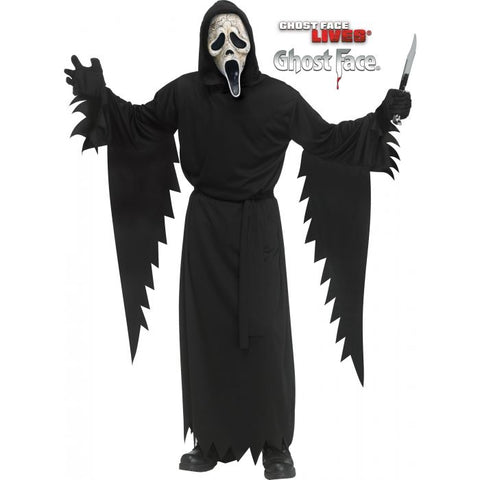 Teens Scream Aged Ghost Face Costume featuring  a long black hooded robe designed with a loose, flowing silhouette, wide draped sleeves, and jagged torn-style edges at the cuffs and hem, finished with a tie belt at the waist for a classic slasher look; includes matching black gloves and an aged Ghost Face mask with a cracked, distressed bone-tone finish, hollow black eye openings, and elongated scream mouth for a worn, decayed version of the iconic face
