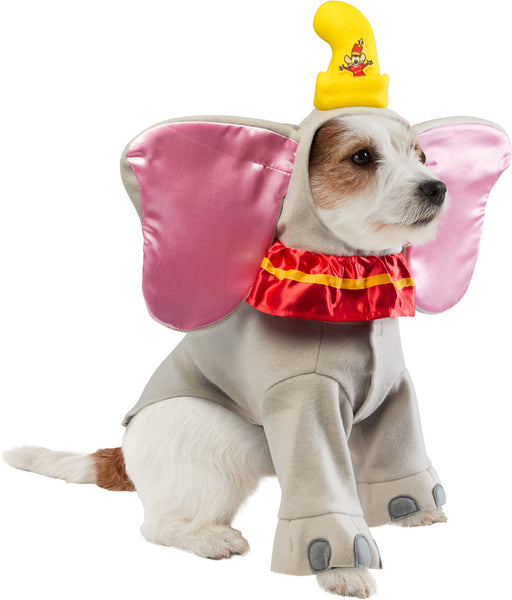 Terrier in Pets Dumbo costume featuring a soft gray full‑body outfit designed to resemble Dumbo, with a smooth elephant‑inspired silhouette and fitted leg openings for a clean, cozy look; includes a large attached headpiece with oversized satin‑finish ears lined in light pink, creating the character’s signature wide‑ear profile and attached with a bright red ruffled collar trimmed in yellow around the neckline and topped with a yellow circus hat featuring a small Dumbo graphic, while a gray padded tail