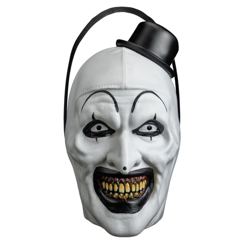Terrifier Art the Clown Candy Treat Pail Bucket features a molded plastic bucket sculpted into Art’s haunting clown face, with stark chalk‑white skin, exaggerated blackened eye sockets, a wide toothy grin, sharp cheek contours, and smooth glossy paint that contrasts light and shadow; finished with bold monochrome detailing, an integrated carry handle, and a removable had lid that pops off, front view