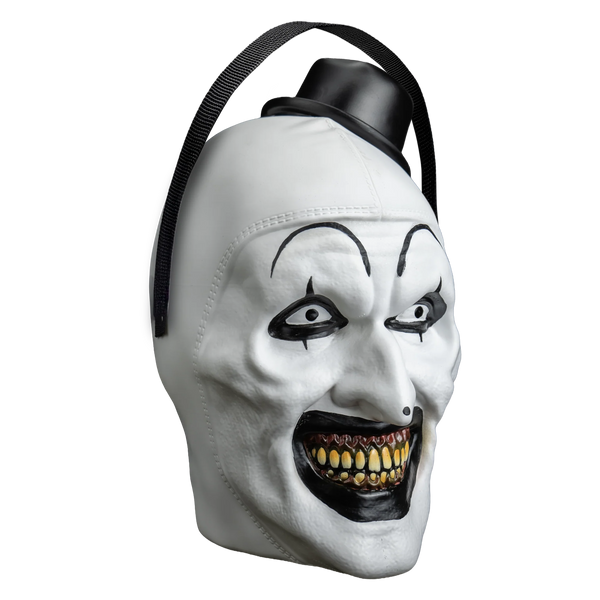 Terrifier Art the Clown Candy Treat Pail Bucket features a molded plastic bucket sculpted into Art’s haunting clown face, with stark chalk‑white skin, exaggerated blackened eye sockets, a wide toothy grin, sharp cheek contours, and smooth glossy paint that contrasts light and shadow; finished with bold monochrome detailing, an integrated carry handle, and a removable had lid that pops off, right profile
