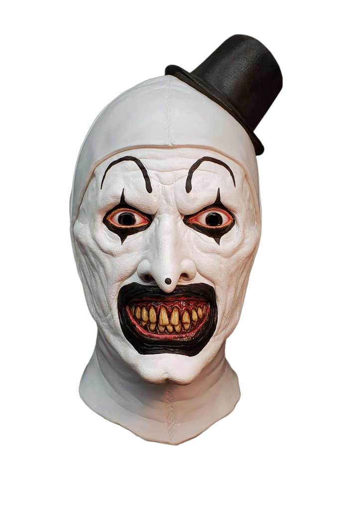 Terrifier Art the Clown Costume Mask  of white clown makeup with black details, pointy nose, crazy eyes, maniacal grin, and attached black hat, front view