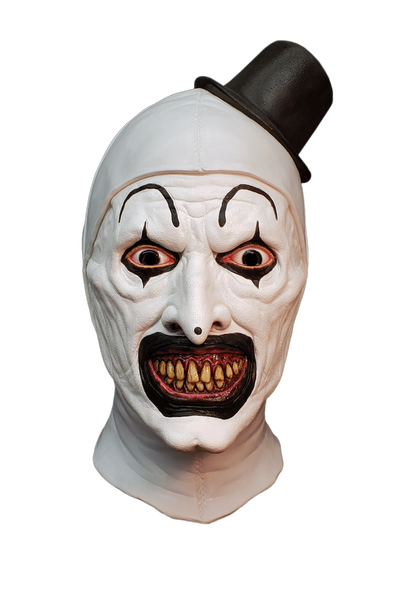 Terrifier Art the Clown Costume Mask  of white clown makeup with black details, pointy nose, crazy eyes, maniacal grin, and attached black hat, front view