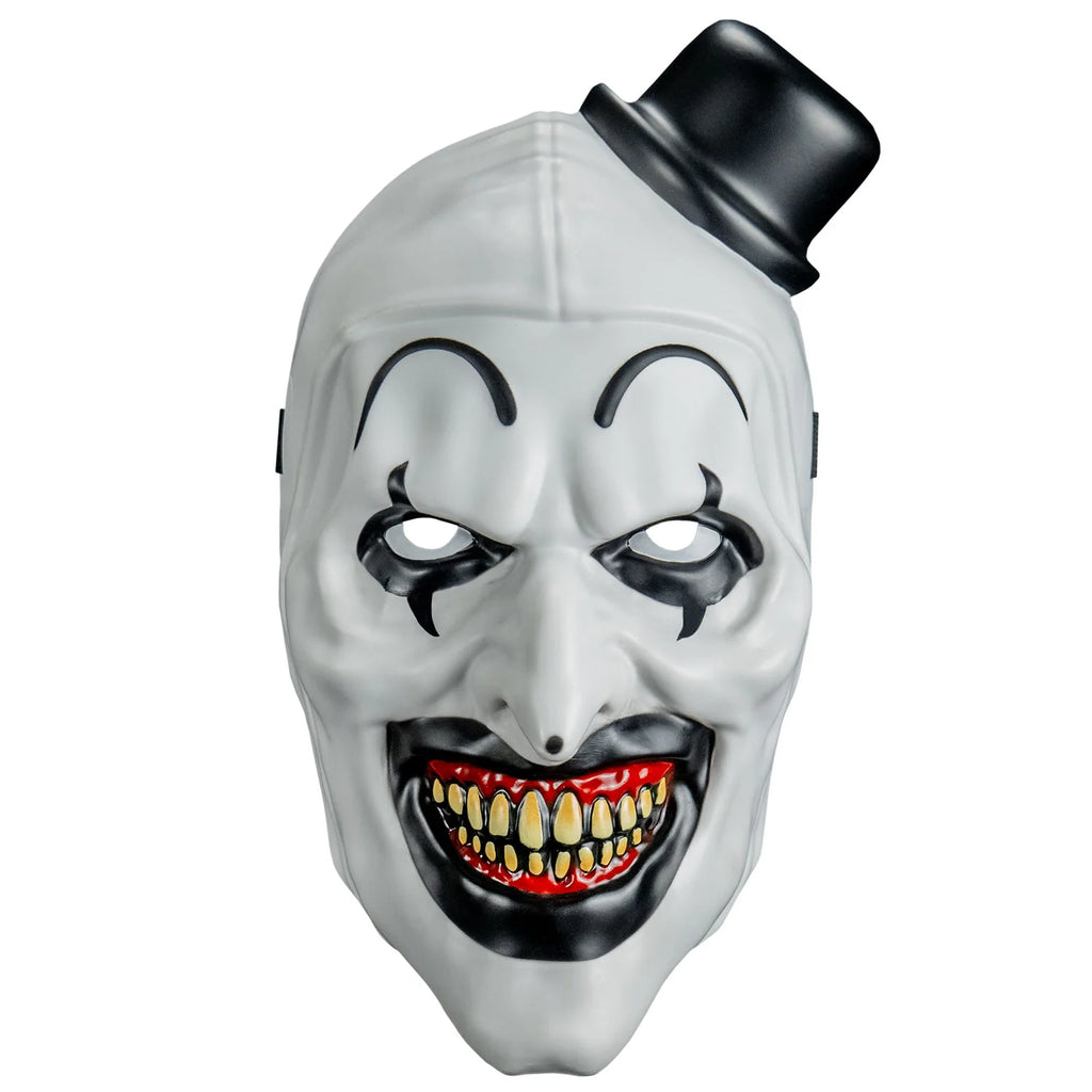 Terrifier Art the Clown Injection hard plastic mask with Art's signature black and white clown makeup and expression and hat, front view