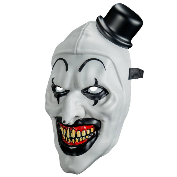 Terrifier Art the Clown Injection hard plastic mask with Art's signature black and white clown makeup and expression and hat, left side view
