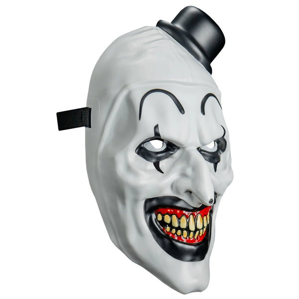 Terrifier Art the Clown Injection hard plastic mask with Art's signature black and white clown makeup and expression and hat, right side view