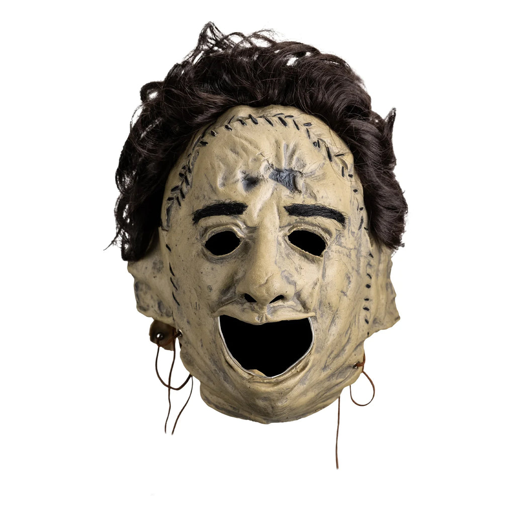 The Texas Chainsaw Massacre Killing Mask Vinyl Costume Mask vinyl Leatherface with skin stitched details and attached hair, front view