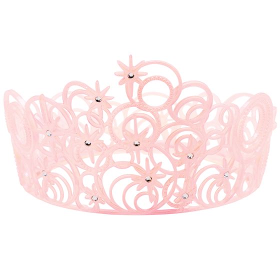 The Wizard of Oz Wicked Glinda the Good Witch Tiara Costume Accessory Featuring a light pink plastic tiara designed with interconnected swirling circular patterns and raised starburst accents, this accessory includes embedded clear gem details placed throughout the design for added decoration. The openwork structure creates a layered look, with curved shapes and cutout sections forming a rounded crown silhouette.