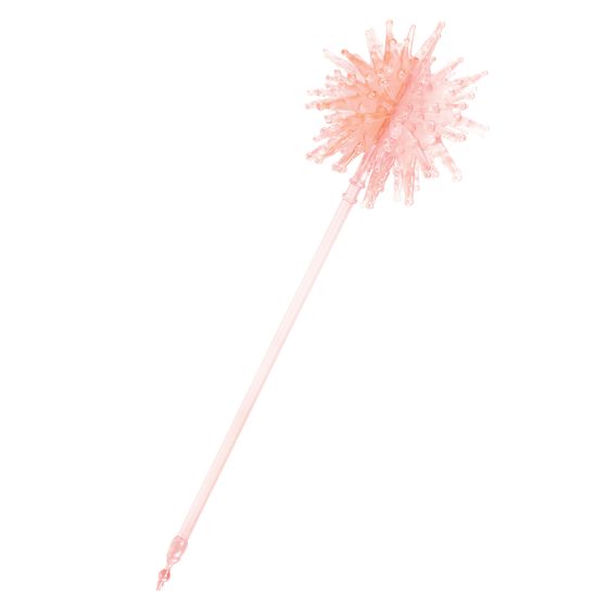 The Wizard of Oz Wicked Glinda the Good Witch Wand Costume Prop Accessory Featuring a slim, light pink wand with a straight shaft and rounded sculpted handle detail near the base, this accessory is topped with a large starburst design made up of multiple rounded points radiating outward. The translucent pink material gives the topper a layered look with small bead-like accents across the surface, creating a dimensional finish that extends outward from the center.