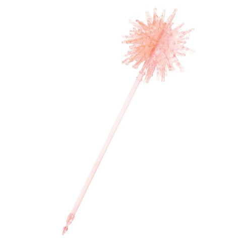 The Wizard of Oz Wicked Glinda the Good Witch Wand Costume Prop Accessory Featuring a slim, light pink wand with a straight shaft and rounded sculpted handle detail near the base, this accessory is topped with a large starburst design made up of multiple rounded points radiating outward. The translucent pink material gives the topper a layered look with small bead-like accents across the surface, creating a dimensional finish that extends outward from the center.