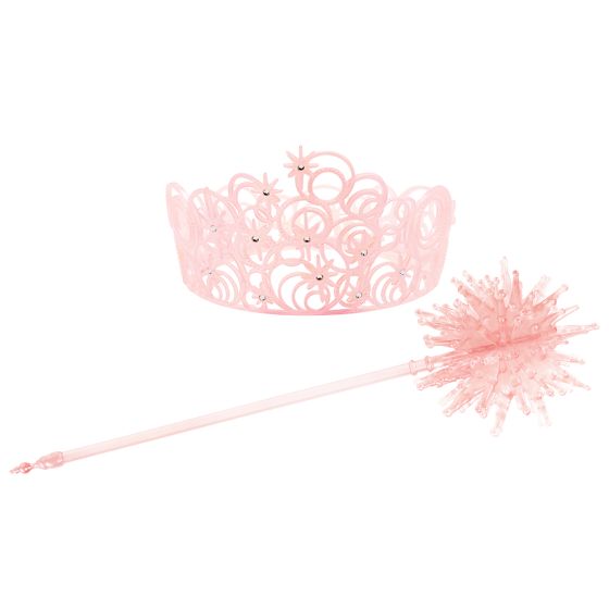 The Wizard of Oz Wicked Glinda the Good Witch Wand and Tiara Costume Prop Accessory Set Featuring a light pink plastic tiara designed with swirling circular patterns and starburst accents, this accessory includes embedded clear gem details placed throughout the design for added decoration. The set also includes a matching pink wand with a slim shaft and a sculpted starburst topper composed of multiple rounded points, finished with small gem-like accents at the center and tip.