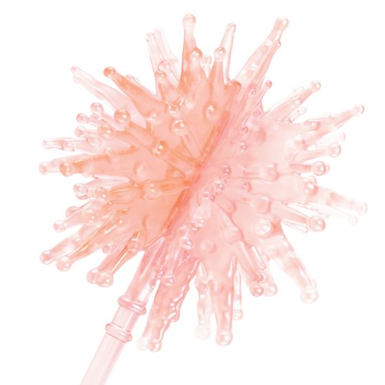 Wand tip from The Wizard of Oz Wicked Glinda the Good Witch Wand and Tiara Costume Prop Accessory Set Featuring a light pink plastic tiara designed with swirling circular patterns and starburst accents, this accessory includes embedded clear gem details placed throughout the design for added decoration. The set also includes a matching pink wand with a slim shaft and a sculpted starburst topper composed of multiple rounded points, finished with small gem-like accents at the center and tip.