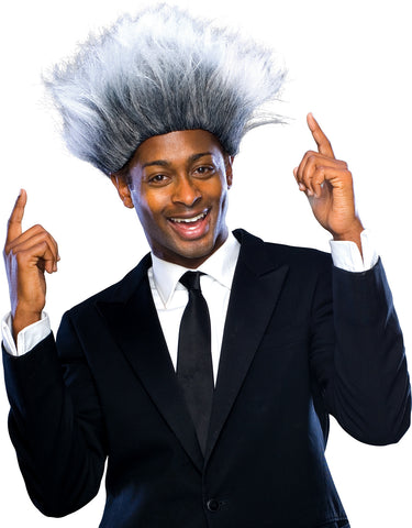 Man modeling the Boxing Promoter Costume Wig featuring a bold, exaggerated gray synthetic wig styled with dramatic upward volume and frizzy texture that fans outward in all directions; designed with darker gray roots blending into lighter silver tips, creating a high‑contrast salt‑and‑pepper effect. The hair is densely packed and shaped into a wide, puffed silhouette that sits high on the head, giving it an instantly recognizable “big personality” profile