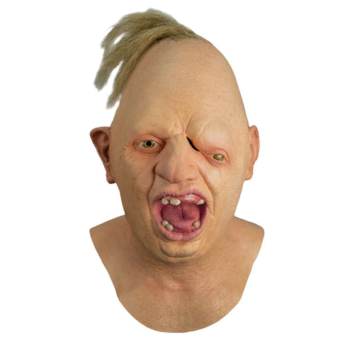 The Goonies Sloth latex overhead mask of the Goonies' Sloth with drooping face, open mouth, and patch of hair, front view