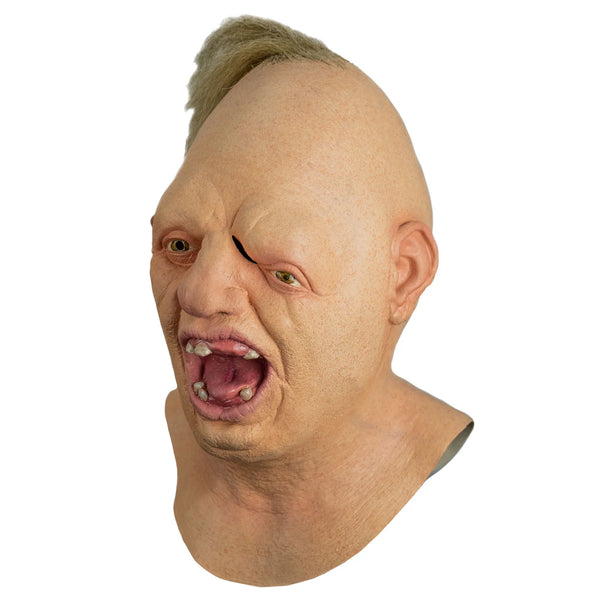 The Goonies Sloth latex overhead mask of the Goonies' Sloth with drooping face, open mouth, and patch of hair, left side profile