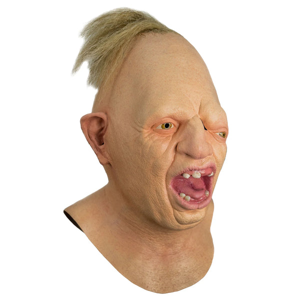 The Goonies Sloth latex overhead mask of the Goonies' Sloth with drooping face, open mouth, and patch of hair, right side profile