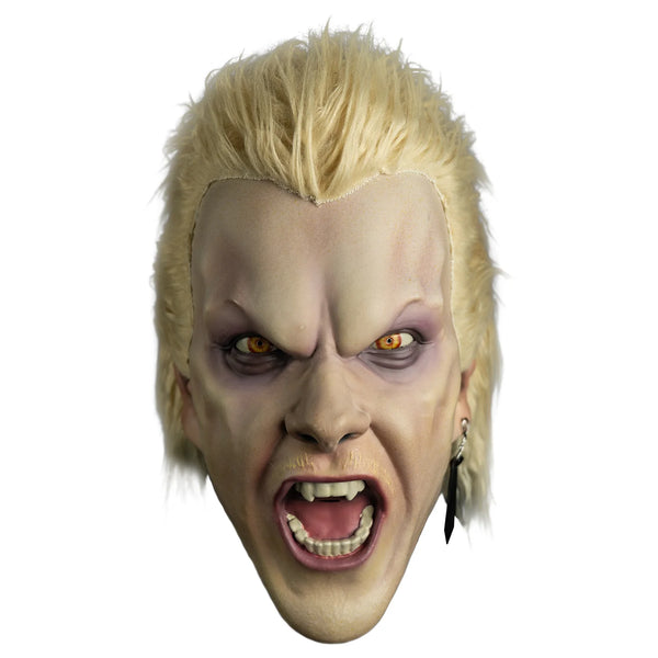 The Lost Boys David Deluxe Injection Costume Mask with bright orange eyes, hissing expression, fang showing teeth, and attached hair and earring, front view