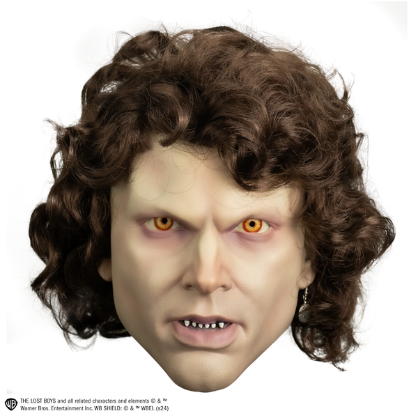 The Lost Boys Michael Deluxe Injection Costume Mask of Michael with bright orange eyes, scowling expression, attached hair, and earring, front view