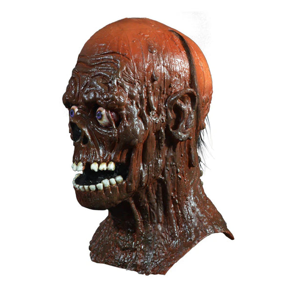 The Return of the Living Dead Tarman Costume Mask depicting slick, decomposed skin texture, sunken cheekbones, creepy open mouth, and glassy, bulging eyes, left side profile